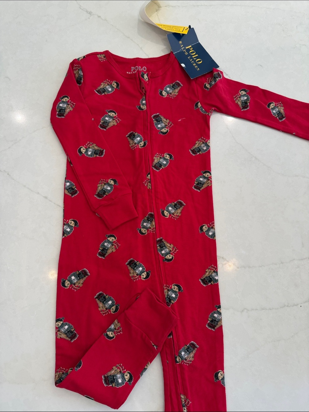 Polo by Ralph Lauren Red Bear-Print Footed One-Piece